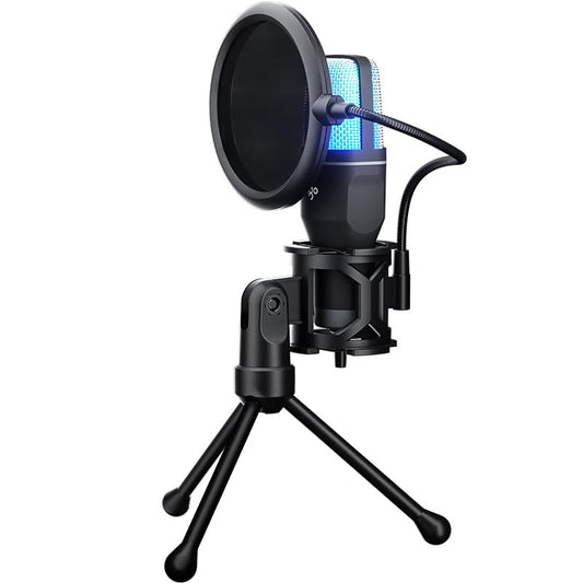 RGB Condenser Microphone with Adjustable Stand, Professional Recording Microphone with Pop Filter, Multipurpose Equipment for Gaming, Streaming, Podcast, Singing, PC, Laptop, USB-A, Black