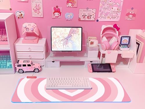 JMIYAV Pink Love Heart RGB Gaming Mouse Pad 31.5x12 Inch Cute Mousepad PC XL Large Extended Glowing Led Light Up Desk Pad Non-Slip Rubber Base Computer Mat Desk Accessories Gaming Setup - color: Loving Heart