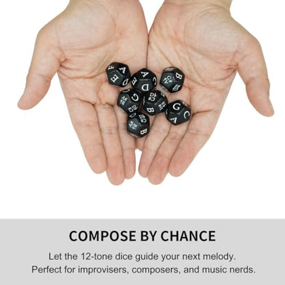 Music Dice Set – 7 Black 12-Sided Dice with Twelve-Tone Scale (12-TET) – Perfect for Composition, Improvisation, Music Education & Teaching – Includes Velvet Carry Bag