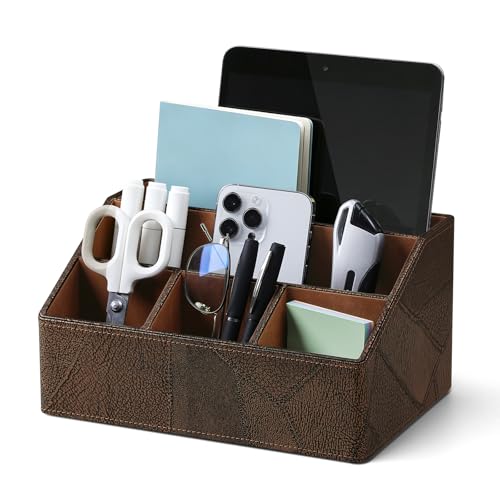 PU Leather Desktop Organizer, Home Luxury Remote Control Holder, Office Desk Accessory and Nightstand Storage Box, Vintage Style, Suitable for Living Room Tabletops (Brown Vintage) - color: Brown Vintage