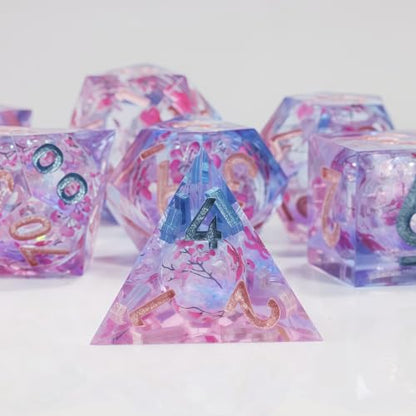 DND Dice Set, Handmade Resin Polyhedral Dice, Cherry Blossom Design, Sharp Edges, 7 Piece Set for TRPG RPG - color: Sakura Shimmer