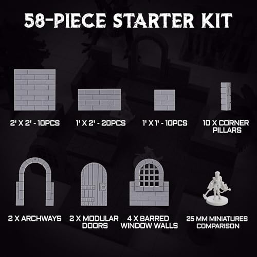 CZYY Magnetic Dungeon Tiles, 58 PCS Modular Terrain Set for RPGs, Basic Set | Double-Sided Texture, Paintable Gray Plastic, Quick Build 3D Battle Maps, Fits 25-32 mm Miniatures, Gift for DM & RPG Player