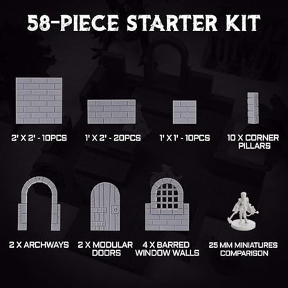 CZYY Magnetic Dungeon Tiles, 58 PCS Modular Terrain Set for RPGs, Basic Set | Double-Sided Texture, Paintable Gray Plastic, Quick Build 3D Battle Maps, Fits 25-32 mm Miniatures, Gift for DM & RPG Player