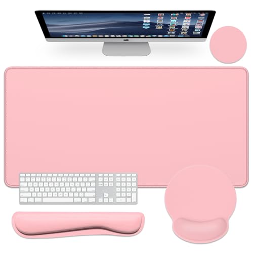 Dapesuom Large Gaming Mouse Pad, Pink Mouse Pads with Wrist Rest Wrist Support, 4in1 Big XXL Desk Mat Desk Pad + Ergonomic Mousepad + Memory Foam Keyboard Mat Wrist Rest + Coaster Set for Computer - color: Pink