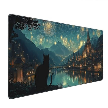 Castle Fireworks XXL Gaming Mouse Pad, Fantasy Night Sky Design with Cat Silhouette, Extended Desk Mat, Non-Slip Base, Stitched Edges 35.4" x 15.7" - color: Black Cat Castle Night View