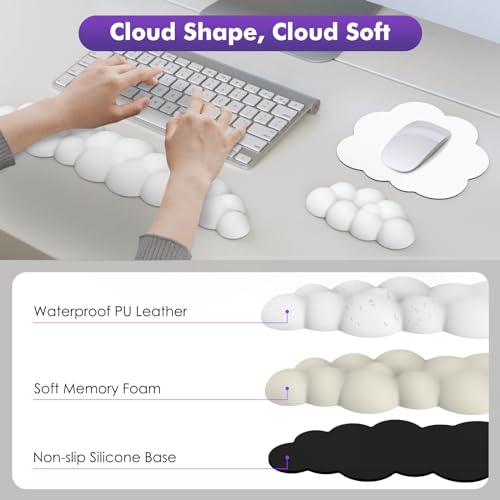 MoKo Cloud Wrist Rest for Keyboard and Mouse with Mouse Pad, White | Ergonomic Cloud Arm Keyboard Wrist Rest with Mouse Rest Wrist Pad, Upgraded PU Leather, For Office, Gaming, Computer, Laptop - color: White