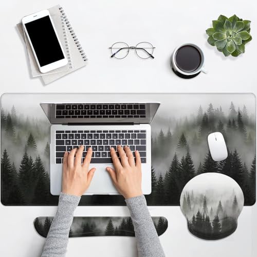 Arttown Keyboard Mouse Pad Set, 4 in 1 Desk Mat Set Forest Misty | Foggy Tree Large Mousepad+Keyboard Wrist Rest+Mouse Wrist Rest+Coaster Ergonomic Design for Home Office Computer - color: Forest in Fog