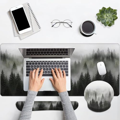 Arttown Keyboard Mouse Pad Set, 4 in 1 Desk Mat Set Forest Misty | Foggy Tree Large Mousepad+Keyboard Wrist Rest+Mouse Wrist Rest+Coaster Ergonomic Design for Home Office Computer - color: Forest in Fog