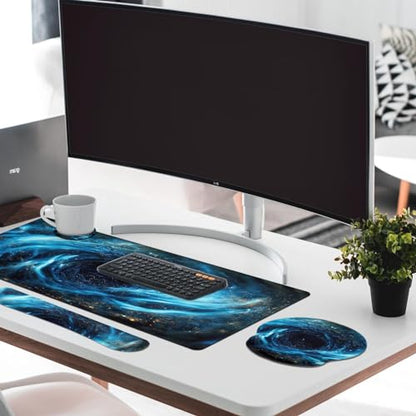 Britimes Blue Black Galaxy Keyboard Mouse Pad Set Desk Ma Space Abstract 4in1 Large Mousepad+Keyboard Wrist Rest+Mouse Wrist Rest+Coaster Ergonomic Design for Home Office Computer 35.4x15.7 inches - color: Blue Black Gold Galaxy