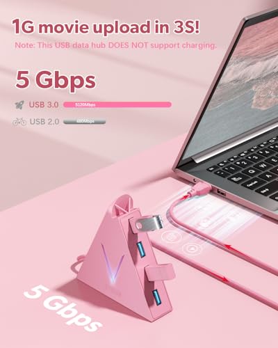 4-Port USB 3.0 Hub, FlyingVHUB Vertical Data USB Hub with 2 ft Extended Cable, for Mac, PC, Xbox One, PS4, PS5, iMac, Surface Pro, XPS, Laptop, Desktop, Flash Drive, Mobile HDD(Pink) - color: Pink-A