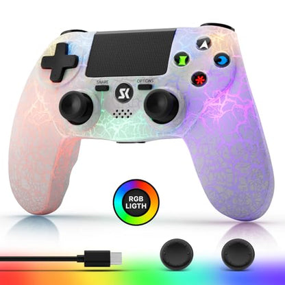 Wireless Controller for P-4, White Crack Custom Design, Adjustable RGB Light,1000mAh Battery, Double Vibration, 6-Axis, Built-in Speaker & 3.5mm Headphone Jack, Gamepad Compatible with PlayStation 4 - color: White