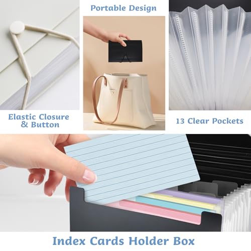 2 Pack 4x6 Inch Index Card Holder Organizer Box 3x5 Inch Flash Note Card File Box Recipe Storage Case with 13+13 Expandable Pocket and Label Sticker Large Capacity Coupon Receipt Organizer Book