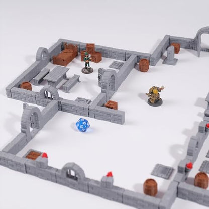 Modular Dungeon Stone Wall Terrain Set - 28mm Miniatures Scenery with Walls, Doors, Barrels, Crates Beds and So On for Tabletop Rpgs, Fantasy Wargames and Board Games (AMF01 A)