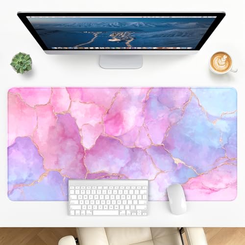 Large Gaming Mouse Pad, XL Desk Protector, Non-Slip Base | 31.5x15.7 in Extended Desk Mat with Stitched Edges for Keyboard, Work, Game, Office, Home PC and Laptop - color: Pastel Marble
