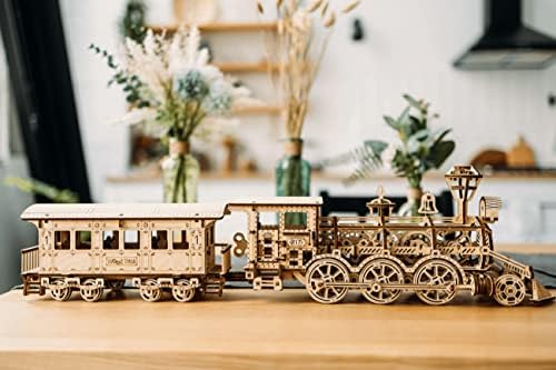 Wood Trick Toy Train Set 3D Wooden Puzzles for Adults to Build | [405 Parts] Locomotive w/ Railway Track - Engineering DIY Wooden Model Kit for Adults to Build