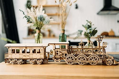 Wood Trick Toy Train Set 3D Wooden Puzzles for Adults to Build | [405 Parts] Locomotive w/ Railway Track - Engineering DIY Wooden Model Kit for Adults to Build