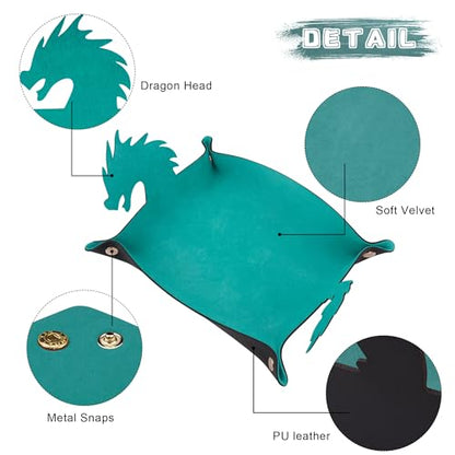 SIQUK 2 Pieces Dragon Dice Rolling Tray PU Leather Dice Mat Folding Scroll Dices Holder for D&D RPG Games (Cyan, Black) - color: Cyan, Black