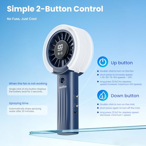 HandFan Upgraded Misting Fan with LED Display – Extreme Cooling Portable Handheld Fan with Water Mist Spray, 50% Stronger Airflow & Quieter, USB Rechargeable for Travel/Park/Disney/Beach/Concert/Game - color: A+Royal Blue