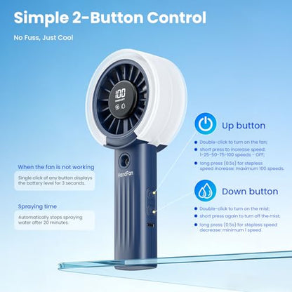 HandFan Upgraded Misting Fan with LED Display – Extreme Cooling Portable Handheld Fan with Water Mist Spray, 50% Stronger Airflow & Quieter, USB Rechargeable for Travel/Park/Disney/Beach/Concert/Game - color: A+Royal Blue