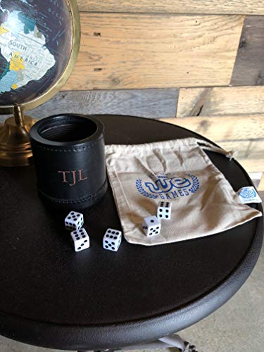 WE Games Custom Engraved Mahogany Leather Dice Cup with 5 Dice and Storage Bag