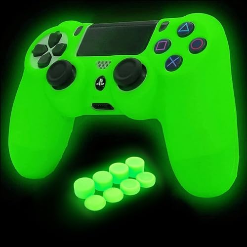Green Anti-Slip Glow in The Dark Protective Silicone Cover Skin Grips Compatible with PS4/Slim/Pro Controller with 8 PCS Thumb Grips Caps and 2 Grips Caps Glow in The Dark. - color: Glow Green