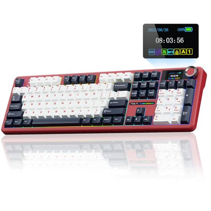 AULA F108 PRO - Wireless Mechanical Keyboard with Screen&Knob,Hot Swappable Gaming Keyboard with 8000mAh Battery,Pre-lubed Switches,RGB Backlit,PBT Keycaps Creamy Sounding Computer Keyboards,104 Keys - color: White&Red