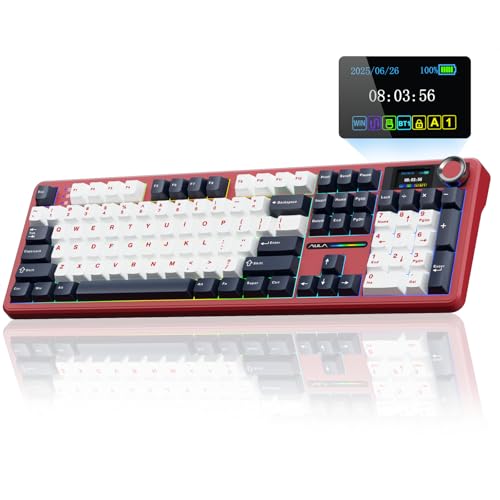 AULA F108 PRO - Wireless Mechanical Keyboard with Screen&Knob,Hot Swappable Gaming Keyboard with 8000mAh Battery,Pre-lubed Switches,RGB Backlit,PBT Keycaps Creamy Sounding Computer Keyboards,104 Keys - color: White&Red