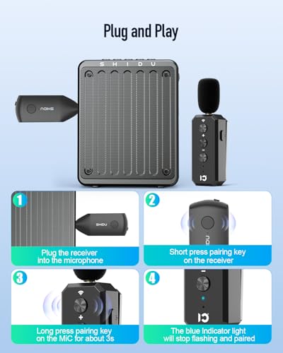 SHIDU Wireless Lavalier Microphone 2.4G with 3.5MM Plug for Voice Amplifier | UHF Mic Speaker System for Teaching, 480mAh Batteries USB-C Charging, for Speaking Tour Guides Fitness Instructor