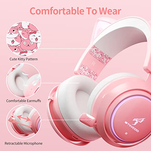 EASARS Wireless Cat Ear Headphones, Pink Gaming Headset Bluetooth 5.0 for Smartphone, Retractable Mic, 50mm Drivers, RGB Lighting Headset with Mic (USB Dongle Not Included) - color: Pink, style: Wireless