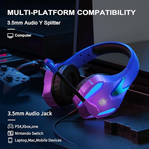 PHOINIKAS PS4 Gaming Headset for PC, Switch, PS5 Headset with 7.1 Stereo Sound, Gaming Headphones with Noise Cancelling Mic, LED Light, Over Ear Headset for Laptop, Mobile (Violet)