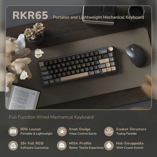 RK ROYAL KLUDGE R65 Wired Gaming Keyboard with Volume Knob, 60% Percent RGB Backlit Mechanical Keyboard Gasket Mount with PBT Keycaps, MDA Profile, QMK/VIA, 66 Keys Hot Swappable Cream Switch, Black - color: Black