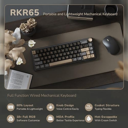 RK ROYAL KLUDGE R65 Wired Gaming Keyboard with Volume Knob, 60% Percent RGB Backlit Mechanical Keyboard Gasket Mount with PBT Keycaps, MDA Profile, QMK/VIA, 66 Keys Hot Swappable Cream Switch, Black - color: Black