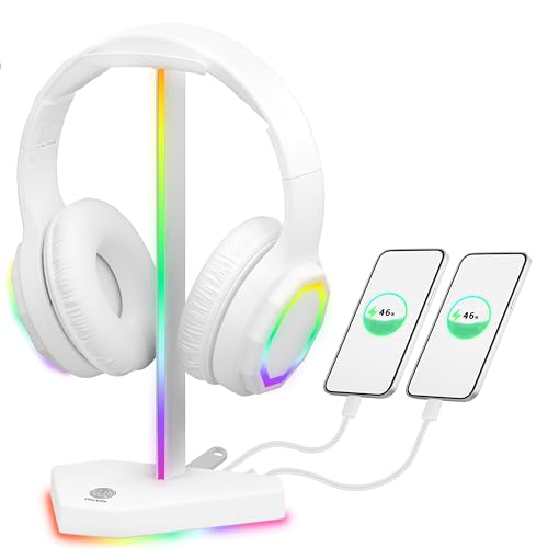 RGB Headphone Stand with 2 USB-C Charging Port and 1 USB Charging Port, Desk Gaming Headset Holder with 7 Light Modes and Non-Slip Rubber Base Suitable for All Earphone Accessories (White) - color: White