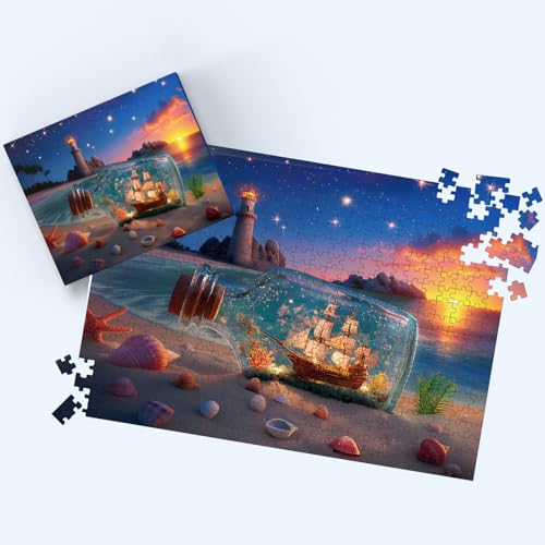 Puzzles for Adults 500 Pieces, Lighthouse Jigsaw Puzzles - Bottle of Stars, Impossible Beach Sailboat Puzzle for Seniors Families, 20.47x14.96 Inches, 1:1 Poster, Letter On The Back - style: Bottle of Stars