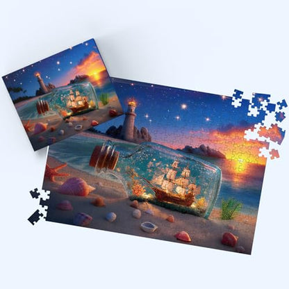 Puzzles for Adults 500 Pieces, Lighthouse Jigsaw Puzzles - Bottle of Stars, Impossible Beach Sailboat Puzzle for Seniors Families, 20.47x14.96 Inches, 1:1 Poster, Letter On The Back - style: Bottle of Stars