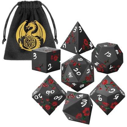 Metal Dice Set, Flat Face Red Plum Blossom Pattern, 7pcs Polyhedral Metal DND Dice Set, DND Starter Set, D&D Gifts with Gift Bag, Role Playing Board Games Accessories, Black - color: Black With Gift Bag