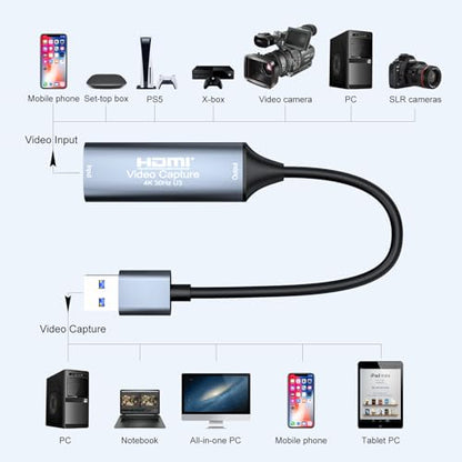 4K 30FPS HDMI Video Capture Card,Video Recording Card HDMI USB 3.0 for Gaming Live Streaming TV Recorder, for Windows Android Mac OS System VLC,OBS,Amcap,PS5,Switch,Xbox