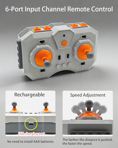 Power Functions RC Kit, 6-Channel Input Ports Rechargeable Adjust Speed Remote Control & Rechargeable Lithium Battery Box Set, for Technic Building Block Accessories, Programmable, Adult MOC