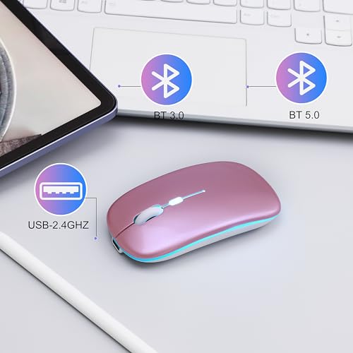 Wireless Bluetooth Mouse, Rechargeable Computer Mouse, Rose Gold | Dual Mode - BT5.2 & 2.4G,Long Lasting,Silent RGB LED Mice,Slim Portable Mouse for Laptop,PC,Tablet,MacBook,iPad,Apple Devices - color: Rose Gold