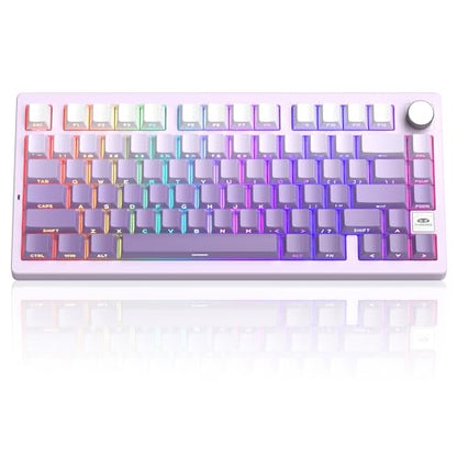 MageGee LIGHT75 Wireless Creamy Keyboard, Tri-Mode Bluetooth/2.4GHz/USB-C RGB Backlit, Gasket Hot Swappable Custom Gaming Keyboard for Win/Mac/PC, with Knob, Side Printed PBT Keycaps, Purple - color: White Purple/Purple Bird Switch
