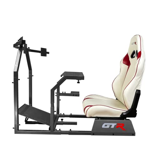 GTR Simulator GTA-F Model Racing Cockpit | Silver Frame with Triple/Single Monitor Stand | Adjustable Leatherette Seat | Stable & Ergonomic | Compatible with All Wheels & Pedals for PC & Console - color: Black, White Red