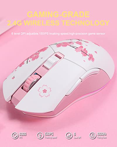 DAREU Sakura Pink Wireless Wired Gaming Mouse, Dual-Mode Rechargeable 6 Programmable Buttons,10K DPI,RGB and 7 Adjustable DPI Levels up to [150IPS] [1000Hz Polling Rate] for PC Notebook Mac - color: Sakura Pink