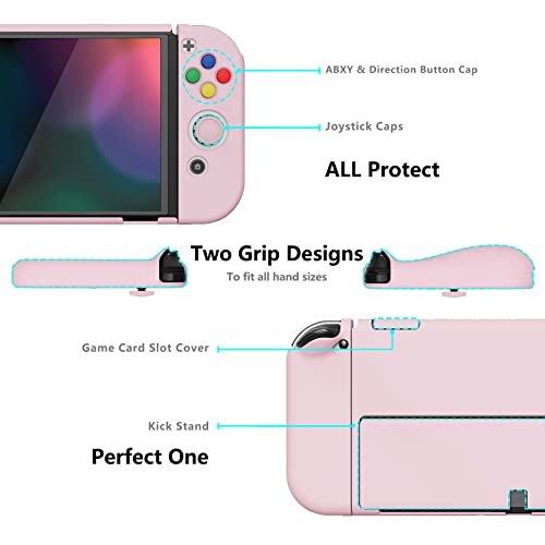 PlayVital AlterGrips Protective Slim Case for Nintendo Switch OLED, Ergonomic Grip Cover for Joycon, Dockable Hard Shell for Switch OLED w/Thumb Grip Caps & Button Caps - color: Peach Blossom Pink