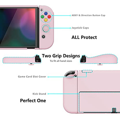 PlayVital AlterGrips Protective Slim Case for Nintendo Switch OLED, Ergonomic Grip Cover for Joycon, Dockable Hard Shell for Switch OLED w/Thumb Grip Caps & Button Caps - color: Peach Blossom Pink