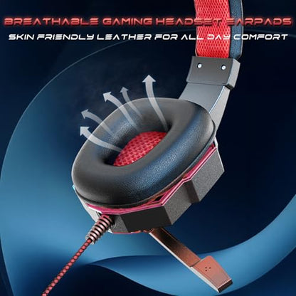 Stereo Gaming Headset for PS4 PC Xbox One PS5 Controller, Noise Cancelling Over Ear Headphones with Mic, LED Light, 7.1 Surround Sound, Soft Memory Earmuffs for Nintendo Xbox Series X|S-Black/Red - color: Black/Red