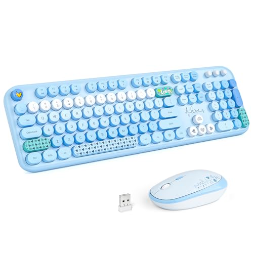 MOFII Wireless Keyboard and Mouse Combo, Full Size 2.4G Plug and Play Typewriter Retro Round Computer Keyboard and Mouse Set for Windows, Computer, Desktop, PC, Notebook - (Blue Colorful) - color: Lovely Blue