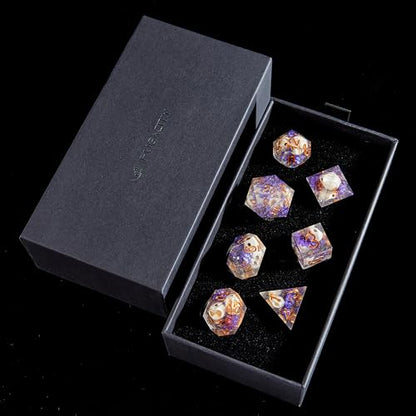 FugaCity Dice Set,Handmade Sharp Edge 7 Piece Resin Dice-Dungeon&Dragons Polyhedral Dice Set, D&D Dice Set with Gift Dice Case for RPG MTG Table Games - color: D-purple Flower & Skelet