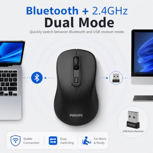 PHILIPS Bluetooth Wireless Mouse, Wireless Mouse for Laptop, Silent Click | Ergonomic Grip, 3-Level DPI, Bluetooth&2.4G Dual Mode, USB Nano Receiver, for Office, Home, Windows, macOS Compatible