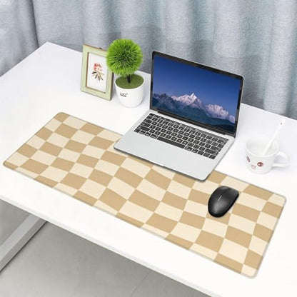 Gaming Mouse Pad, Large Beige Khaki Checkered Mousepad Laptop, Extended Mouse Mat, Long XL Waterproof Keyboard Pads, Big Non-Slip Mousepads for Game Office Home, 31.5 x 11.8 in - color: Beige Khaki Checkered