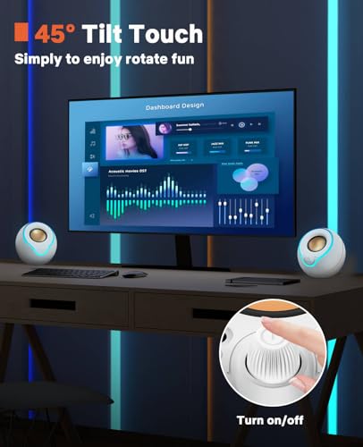 LENRUE Computer Speakers, PC Speakers with Colorful Lights Button, Volume Knob, 45 ° Tilt, Loud Sound, AUX and USB Powered for PC Desktop Monitor Laptop - color: pure white
